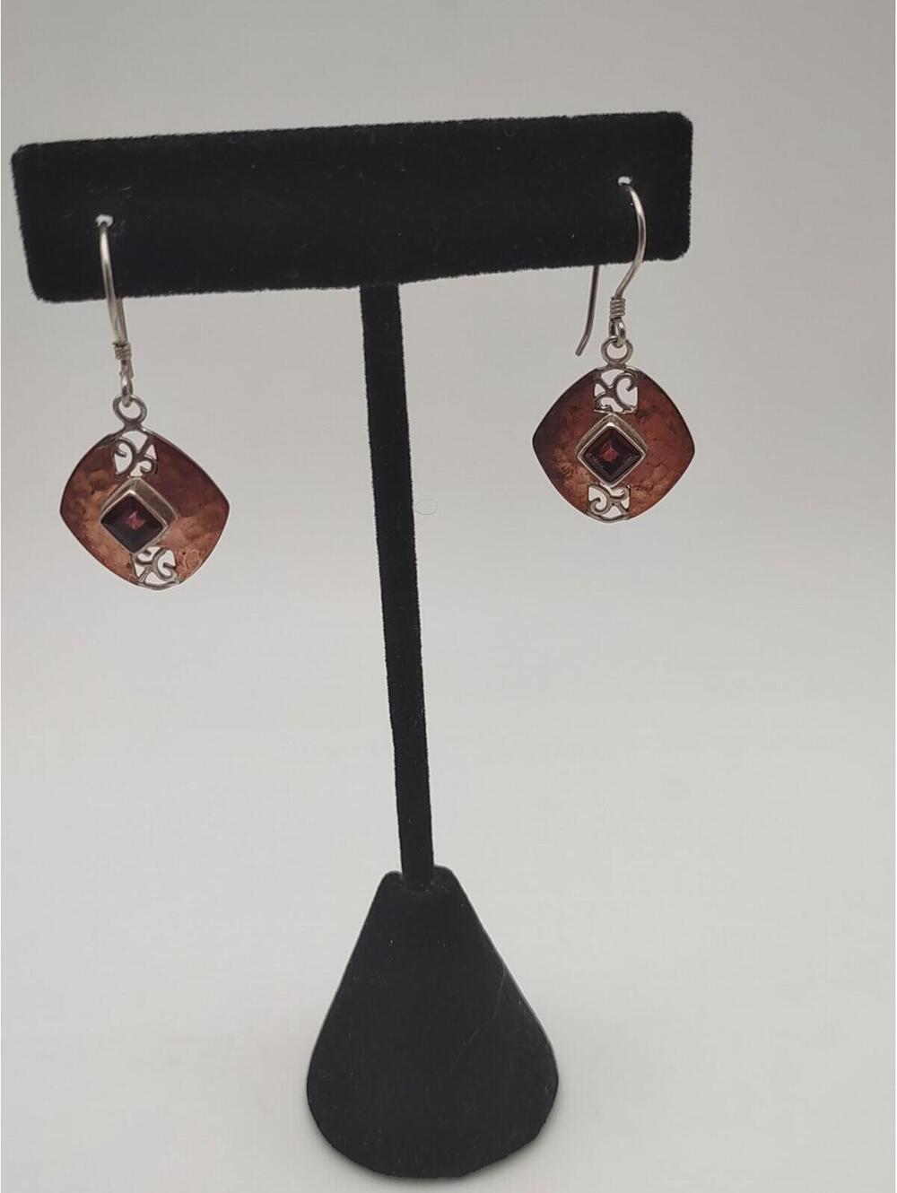 Vintage Mixed Metal Garnet Filigree Boho Dangle Earrings